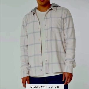 HOLLISTER MEN'S FLANNEL HOODIE SHIRT, Cream and Gray Hooded Shirt